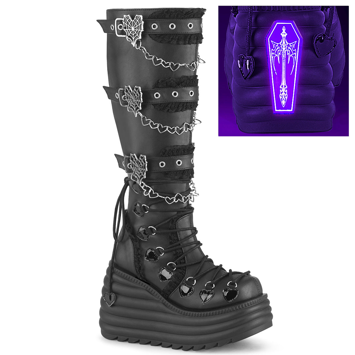 Demonia Morte 215 Black Vegan Leather Women'S Mid Calf & Knee High Boots