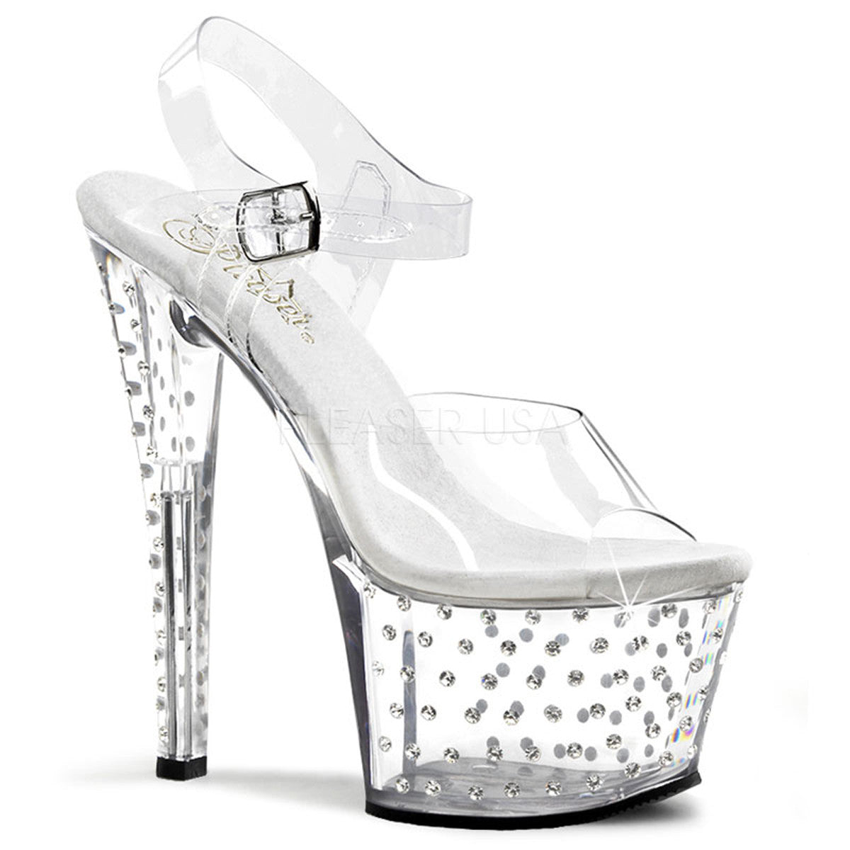 PLEASER 7 Inch Heel STARDUST-708 Clear Ankle Strap Sandals – Shoecup.com