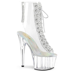 Pleaser ADORE-1016C-2 Clear-Rhinestone 7 Inch Heel, 2 3/4 Inch Platform Open Toe/Heel Lace-Up Ankle Boot With Rhinestone