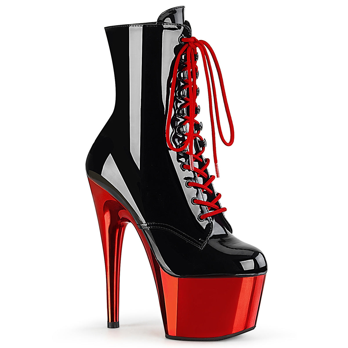 7 Inch Heel ADORE-1020 Black Pat Ankle Boots With Red Chrome Platform ...