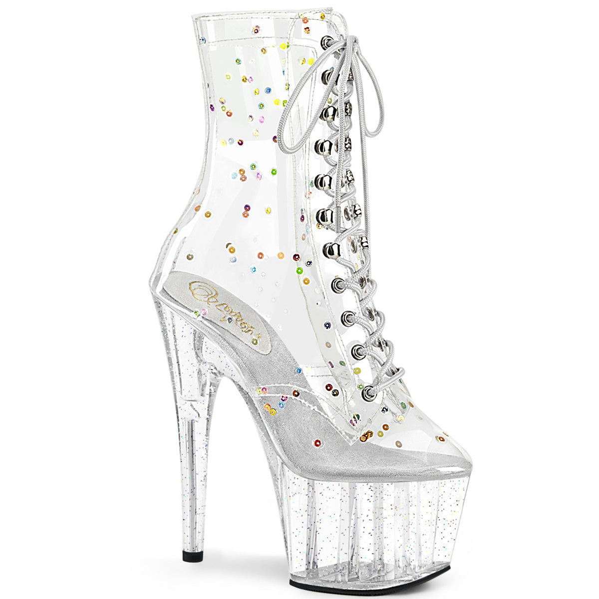 Pleaser ADORE-1020C-2 Clear TPU-Clear 7 Inch Heel, 2 3/4 Inch Platform Lace-Up Front Ankle Boot, Side ZIp