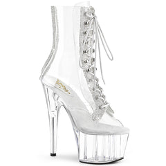 Pleaser ADORE-1021C-2 Clear-Rhinestone 7 Inch (178mm) Heel, 2 3/4 Inch (70mm) Platform Peep Toe Lace-Up Front Ankle Boot With Rhinestone Embellishment Along Front Panels & Back