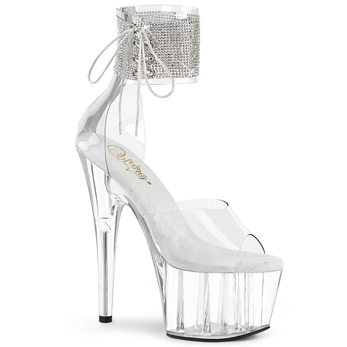 Pleaser ADORE-724RS Clear 7 Inch (178mm) Heel, 2 3/4 Inch (70mm) Platform Close Back Rhinestone Embellished Ankle Cuff Sandal With Side Lacing, Back Zip Closure