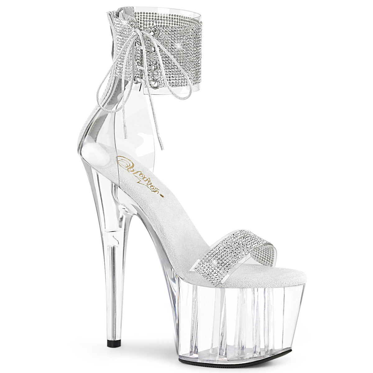 Pleaser ADORE-727RS Clear-Silver 7 Inch Heel, 2 3/4 Inch Platform Ankle Cuff Sandal With Rhinestone, Back Zip