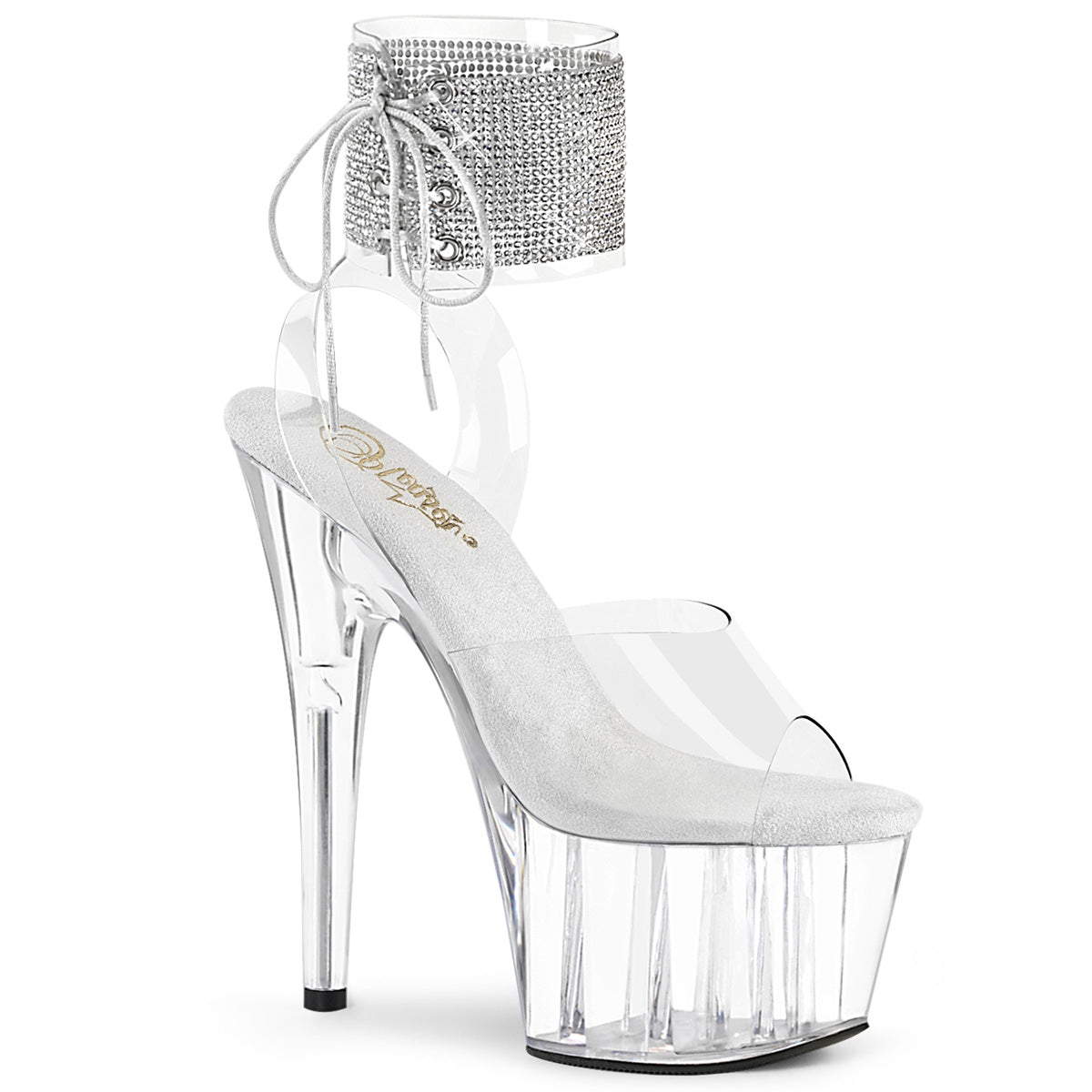 Pleaser ADORE-791-2RS Clear 7 Inch (178mm) Heel, 2 3/4 Inch (70mm) Platform Rhinestone Embellished Ankle Cuff Sandal With Side Lacing