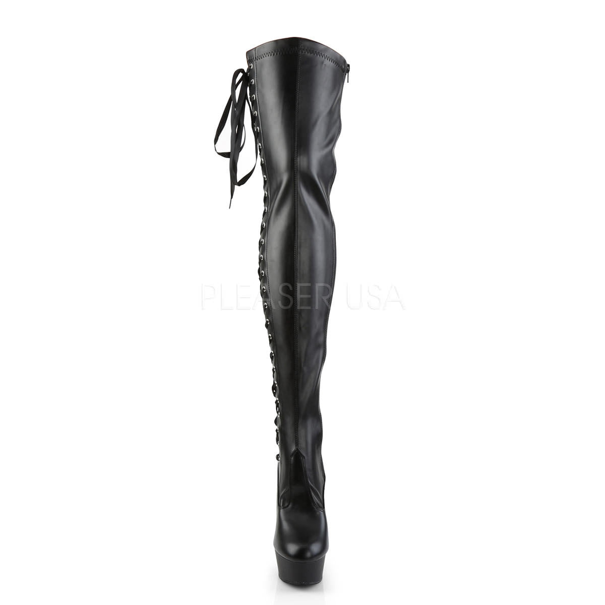 Pleaser DELIGHT-3050 Black Stretch Faux Leather Thigh High Boots