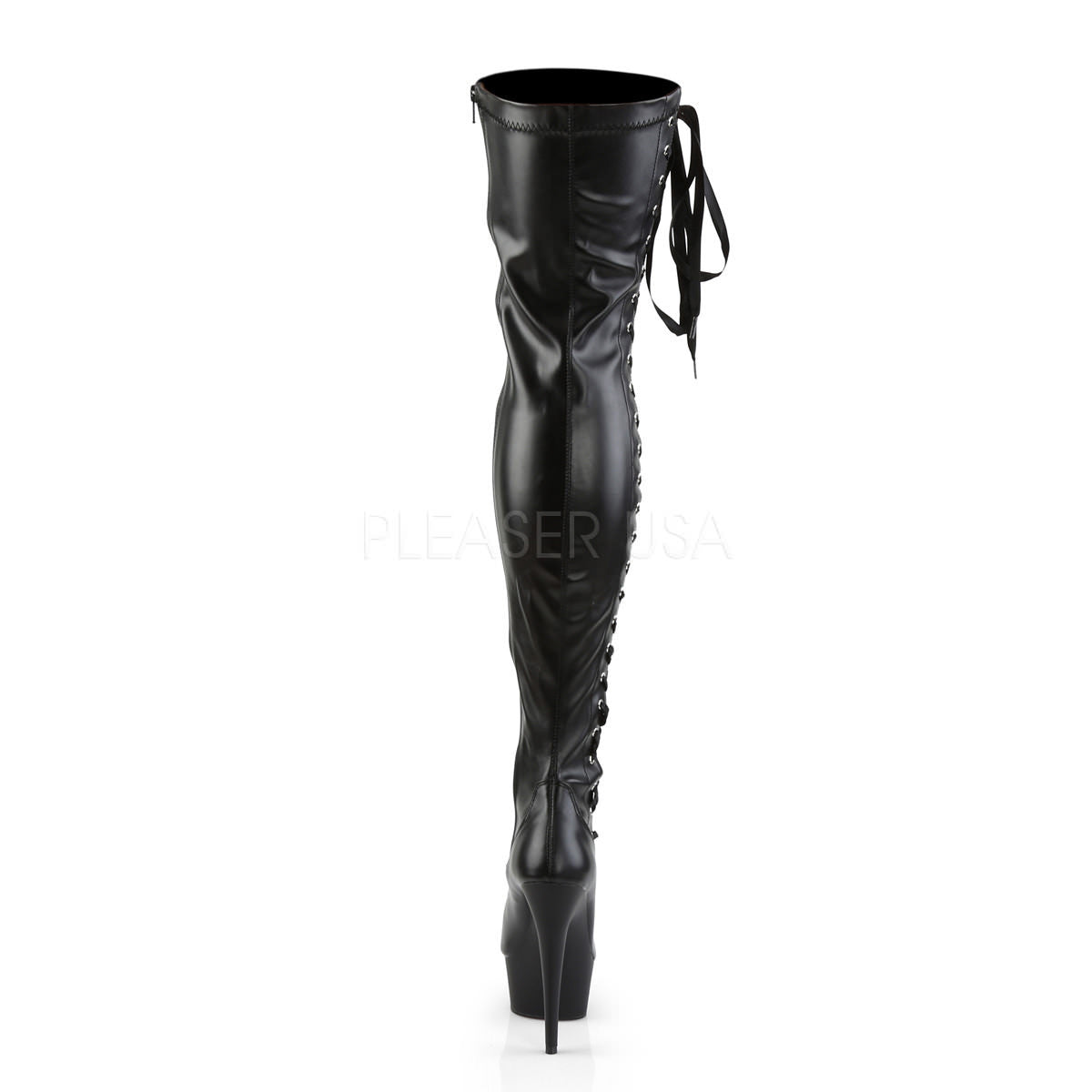 Pleaser DELIGHT-3050 Black Stretch Faux Leather Thigh High Boots