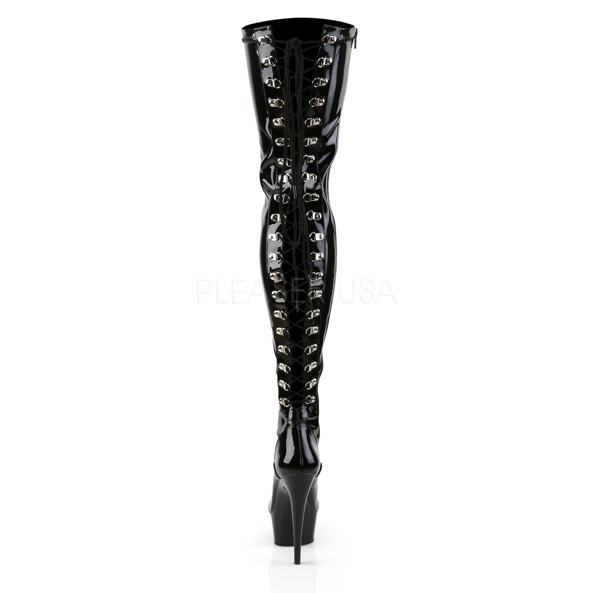 PLEASER DELIGHT-3063 Black Stretch Pat Lace Up Back Thigh High Boots ...