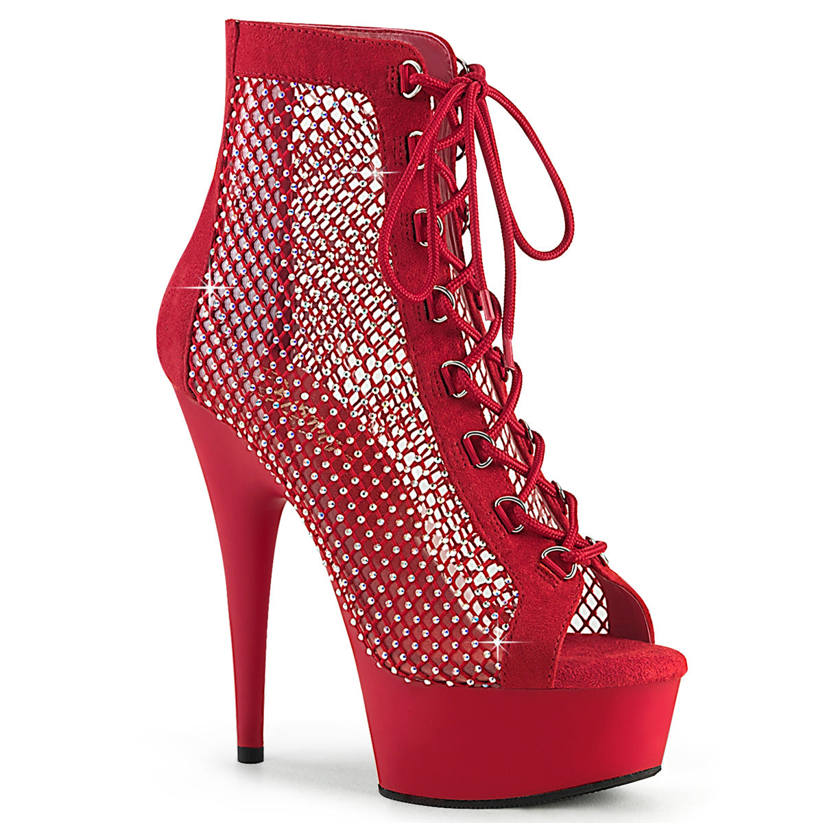 Pleaser DELIGHT-600-33RM Red Faux Suede-Rhinestone Mesh 6 Inch Heel, 1 3/4 Inch Platform Lace-Up Peep Toe Ankle Boot, Back Zip