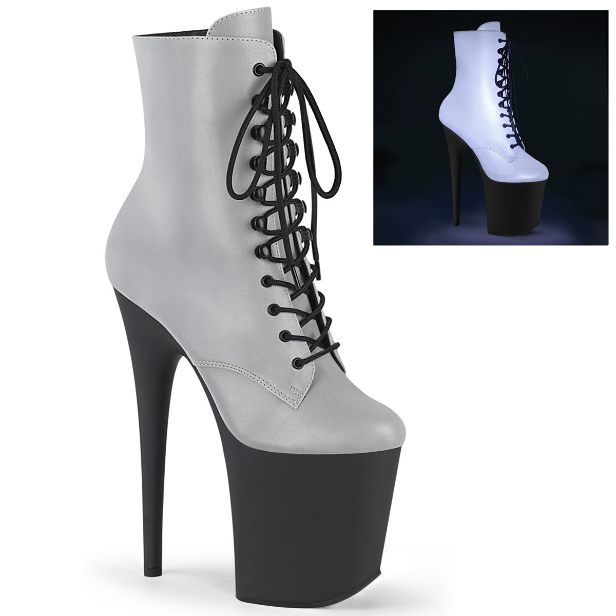 Pleaser FLAMINGO-1020REFL Silver Reflective 8 Inch (200mm) Heel, 4 Inch (100mm) Platform Lace-Up Front Ankle Boot Featuring Reflective Upper, Inside Zip Closure