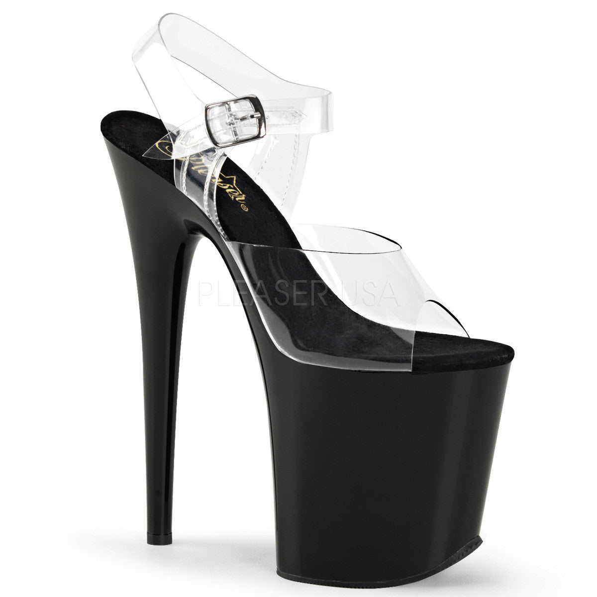 Pleaser FLAMINGO-808 Clear Ankle Strap Sandals With Black 4