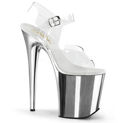 Pleaser FLAMINGO-808 Clear Ankle Strap Sandals With Silver Chrome Platform - Shoecup.com