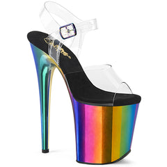 Pleaser FLAMINGO-808RC Clear-Rainbow Chrome 8 Inch (200mm) Heel, 4 Inch (100mm) Platform Ankle Strap Sandal Featuring Rainbow Chrome Plated Platform Bottom