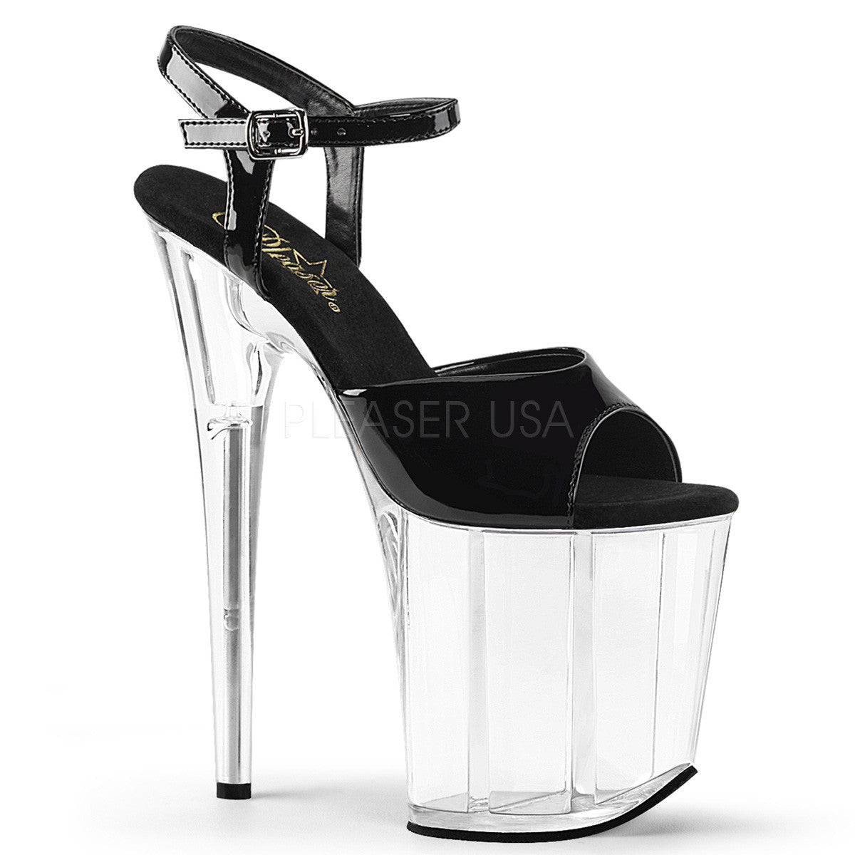 Pleaser FLAMINGO-809 Black Pat-Clear Ankle Strap Sandals - Shoecup.com - 1