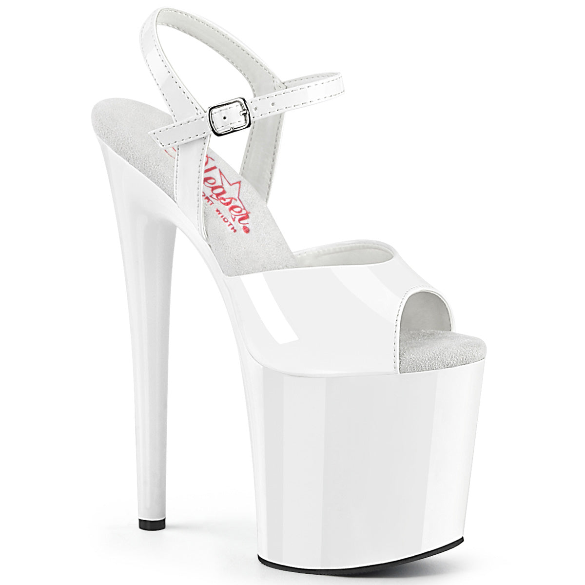 Pleaser NAUGHTY-809 White Pat 8 Inch (200mm) Heel, 4 Inch (100mm) Platform Comfort Width Ankle Strap Sandal