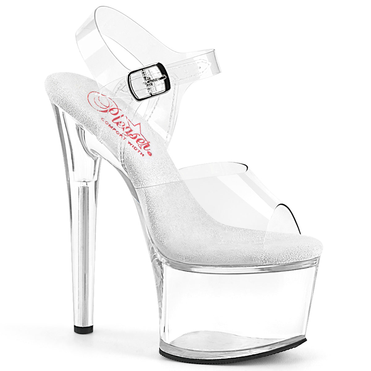 Pleaser PASSION-708 Clear 7 Inch (178mm) Heel, 2 3/4 Inch (70mm) Platform Comfort Width Ankle Strap Sandal