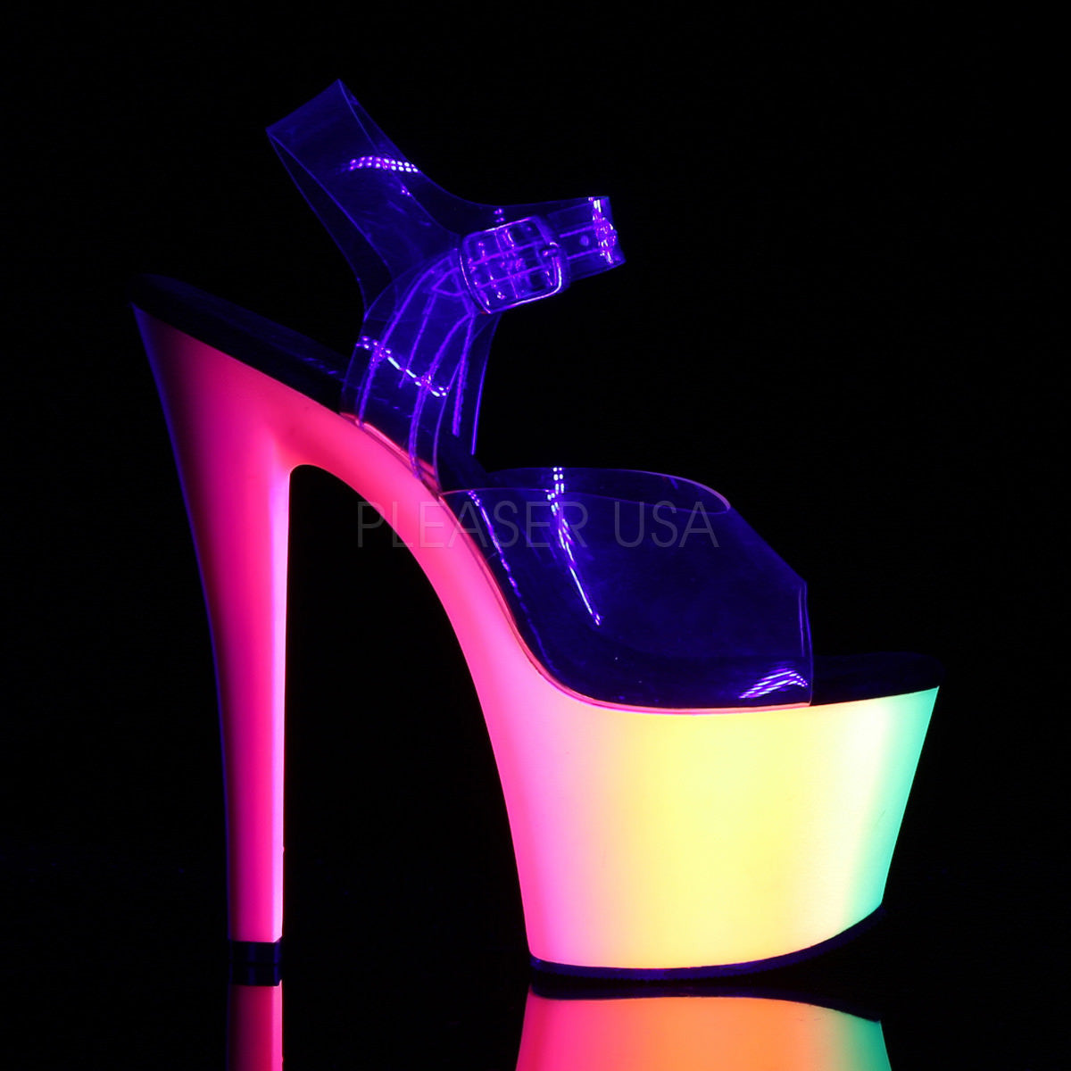 Pleaser RAINBOW-308UV Clear With Neon Multi Platform Ankle Strap Sandals