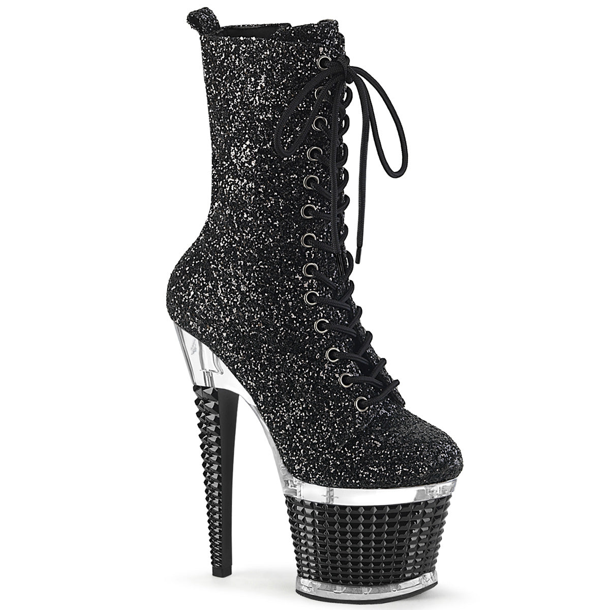 Pleaser SPECTATOR-1040G Black Glitter 7 Inch (178mm) Heel, 3 Inch (76mm) Textured Platform Peep Toe Lace-Up Front Mid Calf Boot, Inside Zip Closure