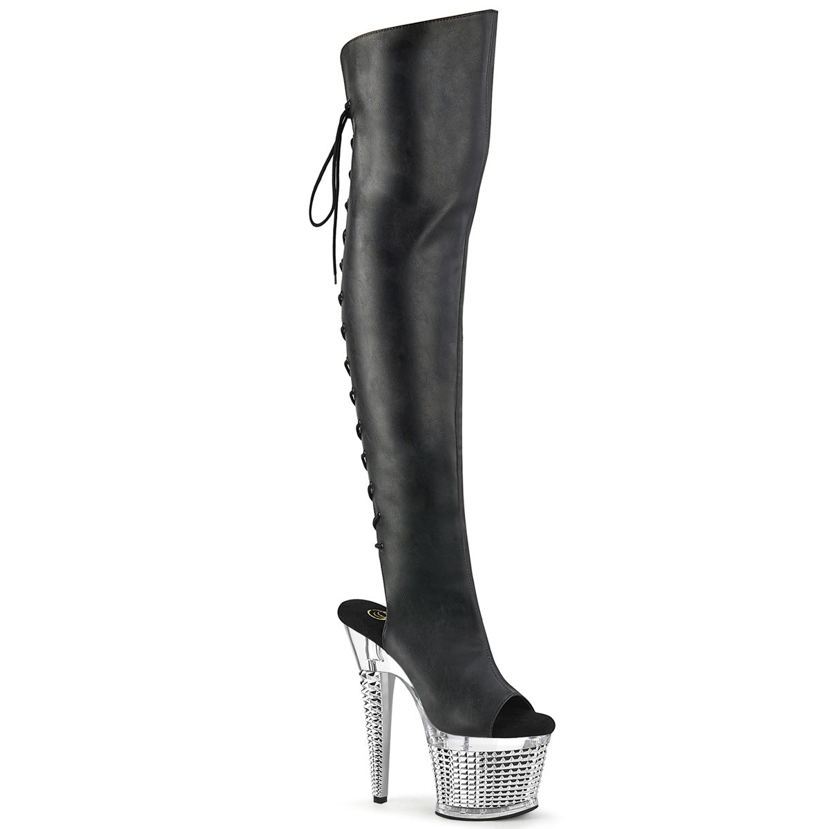 Pleaser SPECTATOR-3019 Black Pu-Silver Chrome 7 Inch Heel, 3 Inch Textured Platform Open Toe/Heel Thigh Boot, Side Zip