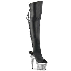 Pleaser SPECTATOR-3019 Black Pu-Silver Chrome 7 Inch Heel, 3 Inch Textured Platform Open Toe/Heel Thigh Boot, Side Zip