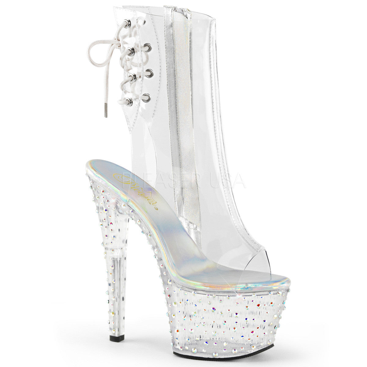 Pleaser STARDANCE-1018C-7 Clear Ankle Strap Sandals With Rhinestone ...