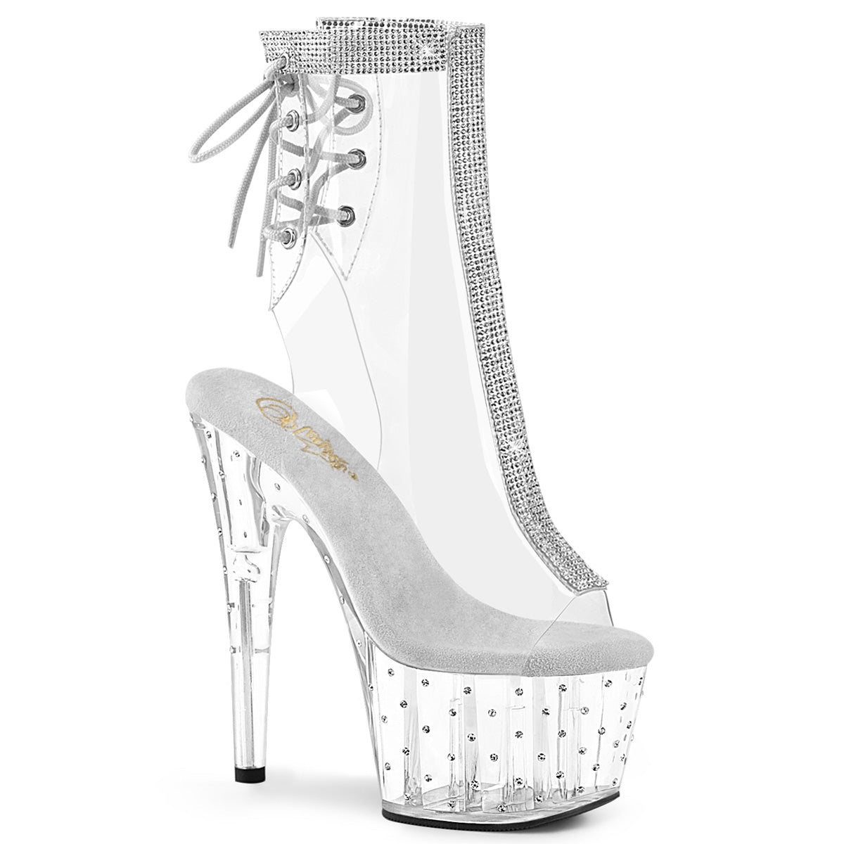 Pleaser STARDUST-1018C-2RS Clear 7 Inch Heel, 2 3/4 Inch Platform Open Toe/Heel Ankle Boot With Rhinestone