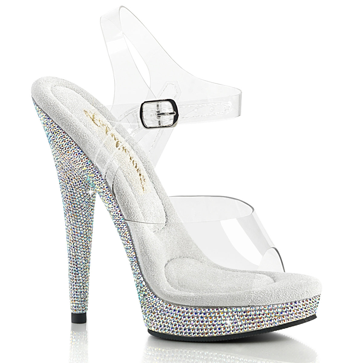 6" Heel, 1" Platform Clear Ankle Strap Sandal With Rhinestone